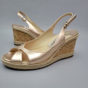 Jimmy Choo Amely Wedge Sandals Champagne Metallic Peep Toe Cork 40 US 9.5
